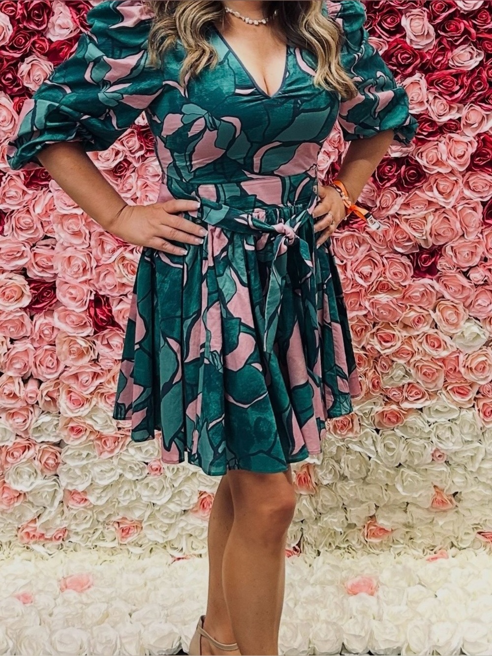 Green and Pink Printed V-Neck Midi Dress with Waist Tie